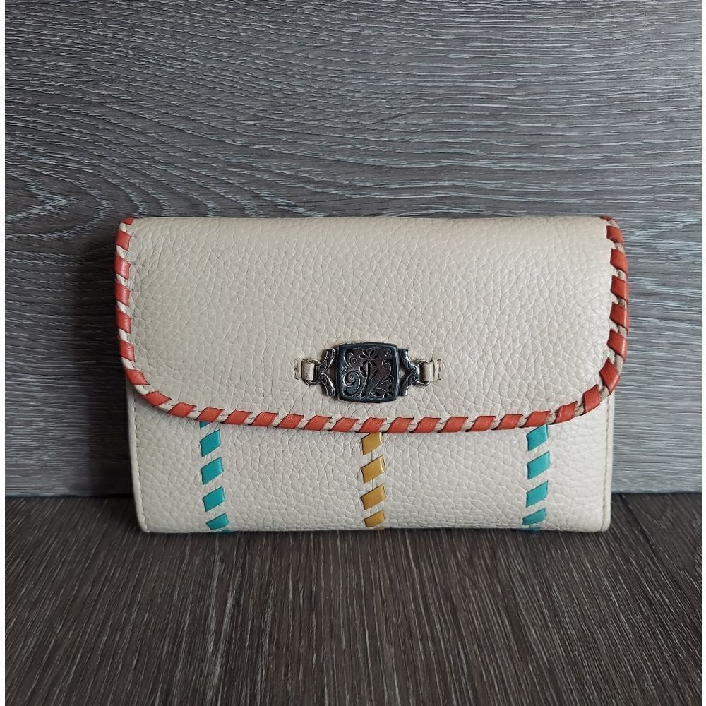 Brighton Trifold Wallet Cream with Blue Orange Yellow Ribbons Stitching